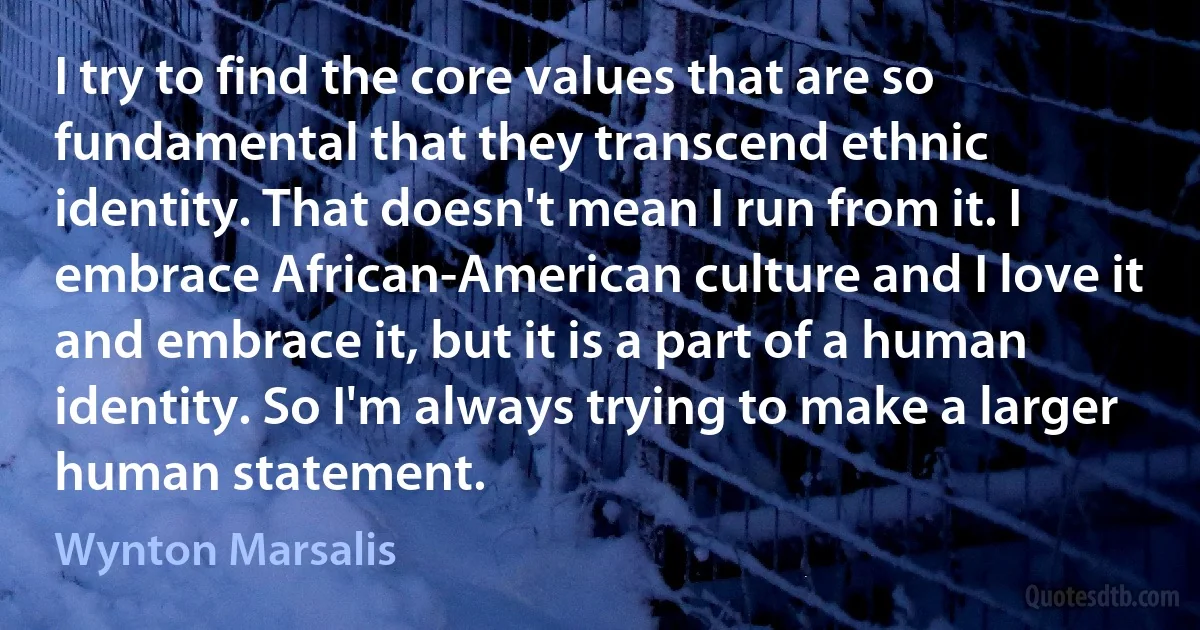 I try to find the core values that are so fundamental that they transcend ethnic identity. That doesn't mean I run from it. I embrace African-American culture and I love it and embrace it, but it is a part of a human identity. So I'm always trying to make a larger human statement. (Wynton Marsalis)