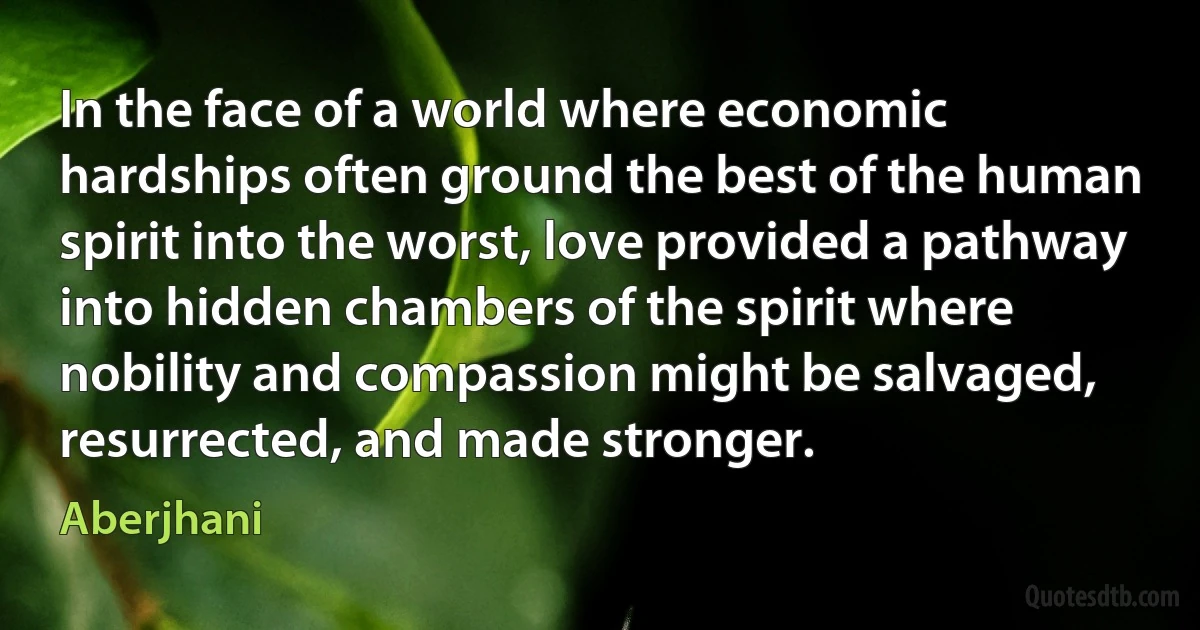 In the face of a world where economic hardships often ground the best of the human spirit into the worst, love provided a pathway into hidden chambers of the spirit where nobility and compassion might be salvaged, resurrected, and made stronger. (Aberjhani)