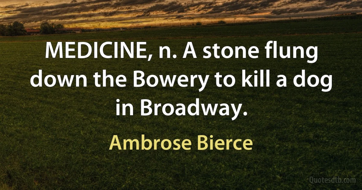 MEDICINE, n. A stone flung down the Bowery to kill a dog in Broadway. (Ambrose Bierce)