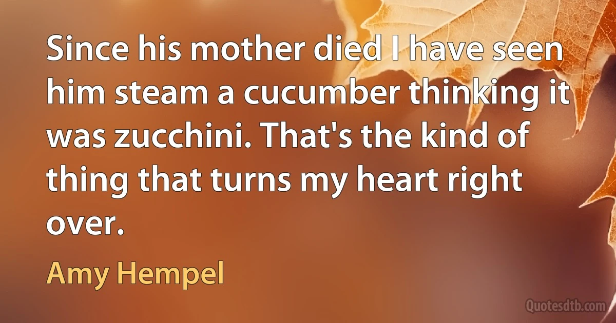 Since his mother died I have seen him steam a cucumber thinking it was zucchini. That's the kind of thing that turns my heart right over. (Amy Hempel)