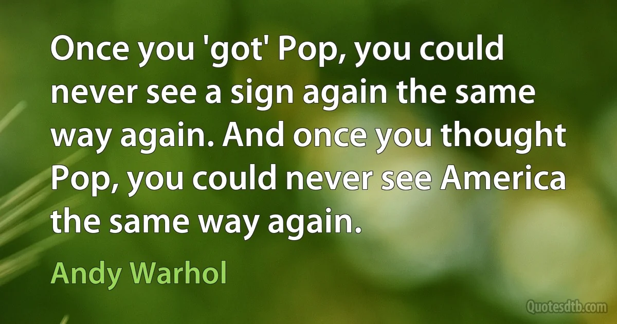 Once you 'got' Pop, you could never see a sign again the same way again. And once you thought Pop, you could never see America the same way again. (Andy Warhol)