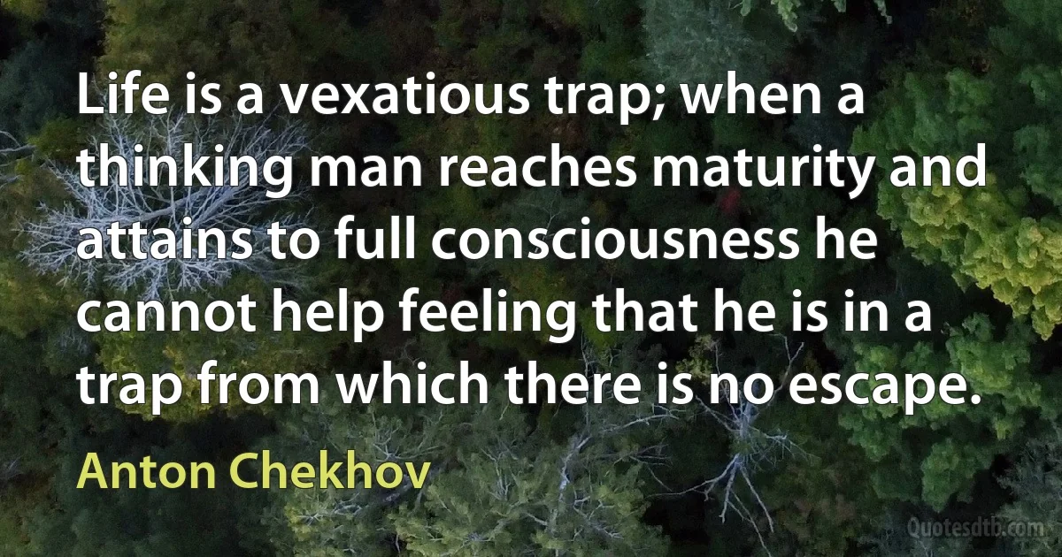 Life is a vexatious trap; when a thinking man reaches maturity and attains to full consciousness he cannot help feeling that he is in a trap from which there is no escape. (Anton Chekhov)