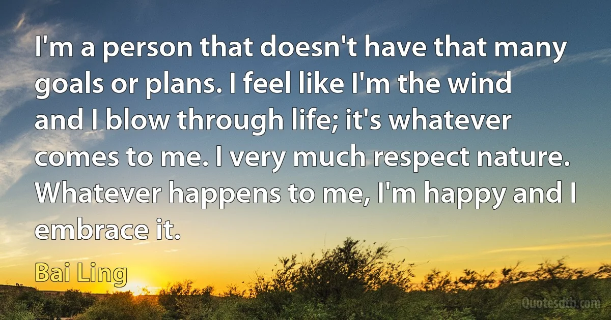 I'm a person that doesn't have that many goals or plans. I feel like I'm the wind and I blow through life; it's whatever comes to me. I very much respect nature. Whatever happens to me, I'm happy and I embrace it. (Bai Ling)