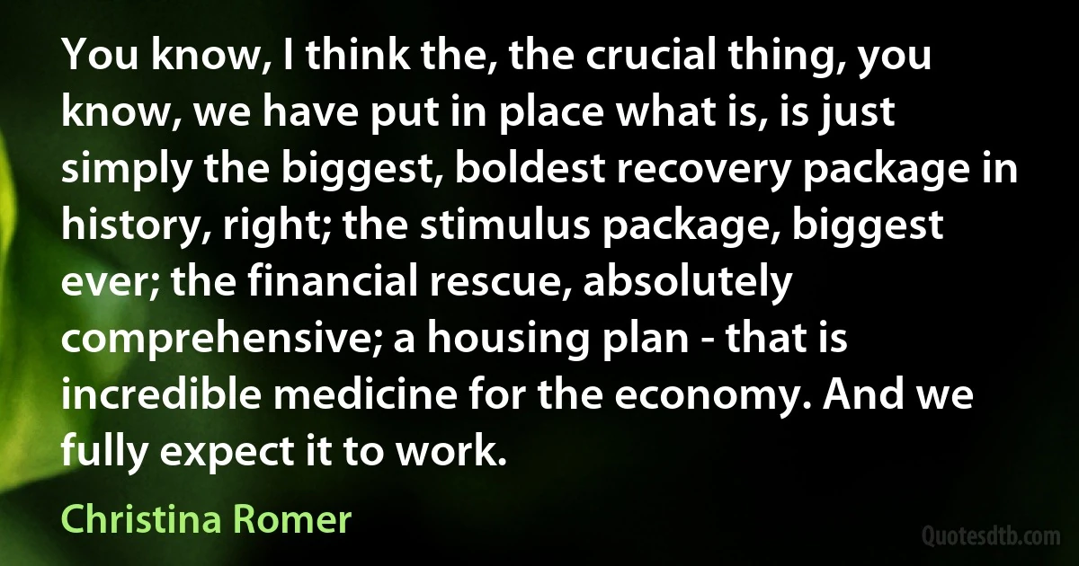 You know, I think the, the crucial thing, you know, we have put in place what is, is just simply the biggest, boldest recovery package in history, right; the stimulus package, biggest ever; the financial rescue, absolutely comprehensive; a housing plan - that is incredible medicine for the economy. And we fully expect it to work. (Christina Romer)