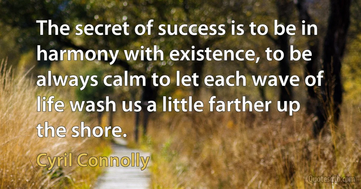 The secret of success is to be in harmony with existence, to be always calm to let each wave of life wash us a little farther up the shore. (Cyril Connolly)