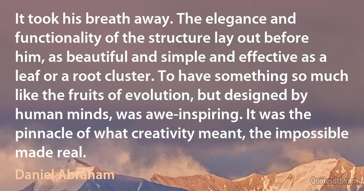 It took his breath away. The elegance and functionality of the structure lay out before him, as beautiful and simple and effective as a leaf or a root cluster. To have something so much like the fruits of evolution, but designed by human minds, was awe-inspiring. It was the pinnacle of what creativity meant, the impossible made real. (Daniel Abraham)