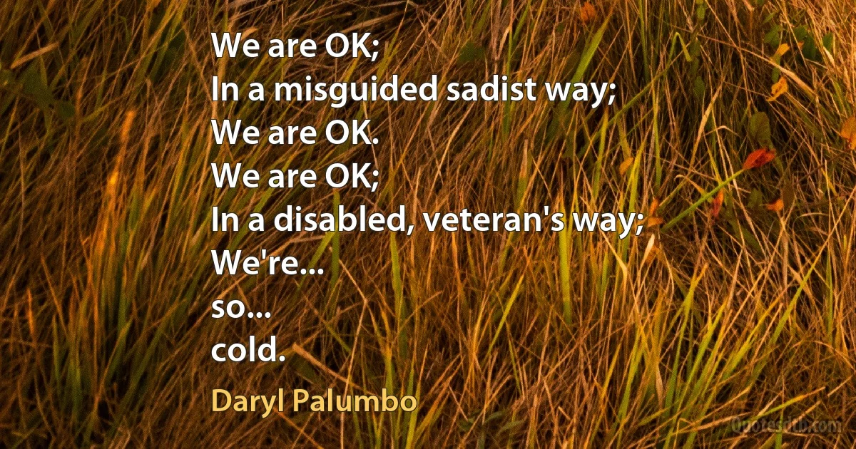 We are OK;
In a misguided sadist way;
We are OK.
We are OK;
In a disabled, veteran's way;
We're...
so...
cold. (Daryl Palumbo)