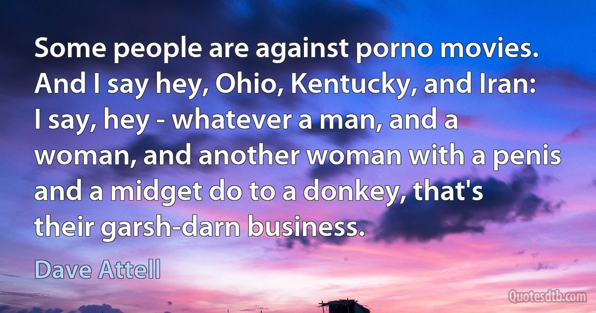 Some people are against porno movies. And I say hey, Ohio, Kentucky, and Iran: I say, hey - whatever a man, and a woman, and another woman with a penis and a midget do to a donkey, that's their garsh-darn business. (Dave Attell)