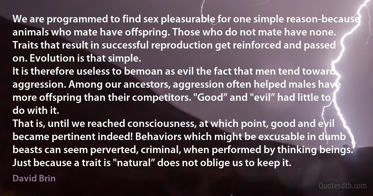 We are programmed to find sex pleasurable for one simple reason-because animals who mate have offspring. Those who do not mate have none. Traits that result in successful reproduction get reinforced and passed on. Evolution is that simple.
It is therefore useless to bemoan as evil the fact that men tend toward aggression. Among our ancestors, aggression often helped males have more offspring than their competitors. "Good” and "evil” had little to do with it.
That is, until we reached consciousness, at which point, good and evil became pertinent indeed! Behaviors which might be excusable in dumb beasts can seem perverted, criminal, when performed by thinking beings. Just because a trait is "natural” does not oblige us to keep it. (David Brin)