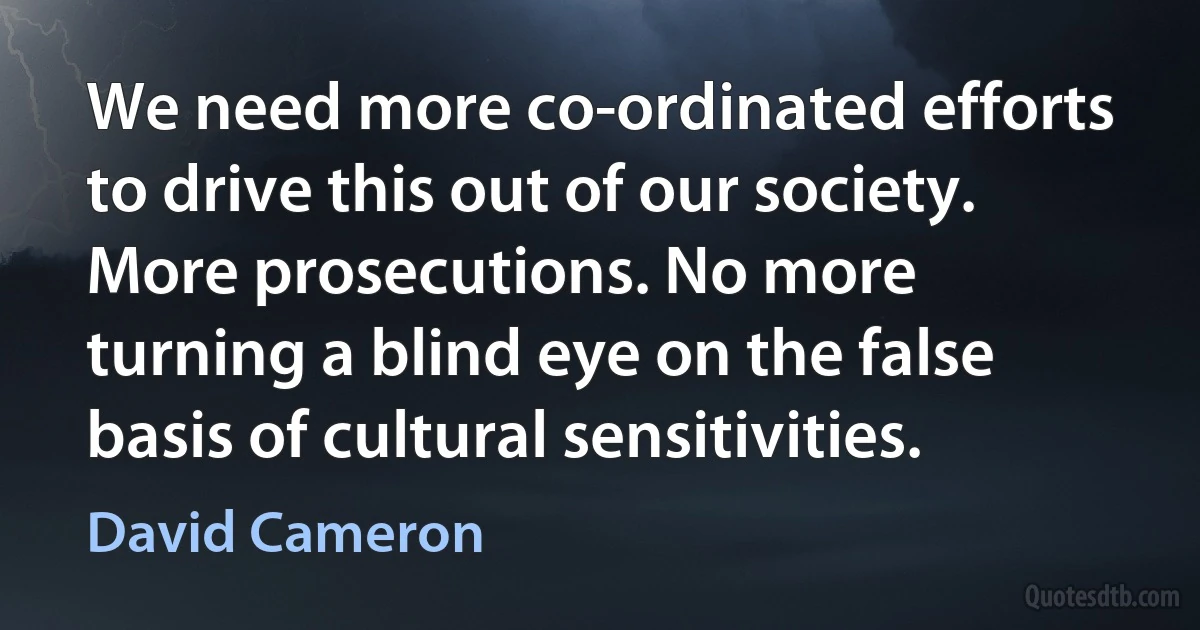 We need more co-ordinated efforts to drive this out of our society. More prosecutions. No more turning a blind eye on the false basis of cultural sensitivities. (David Cameron)