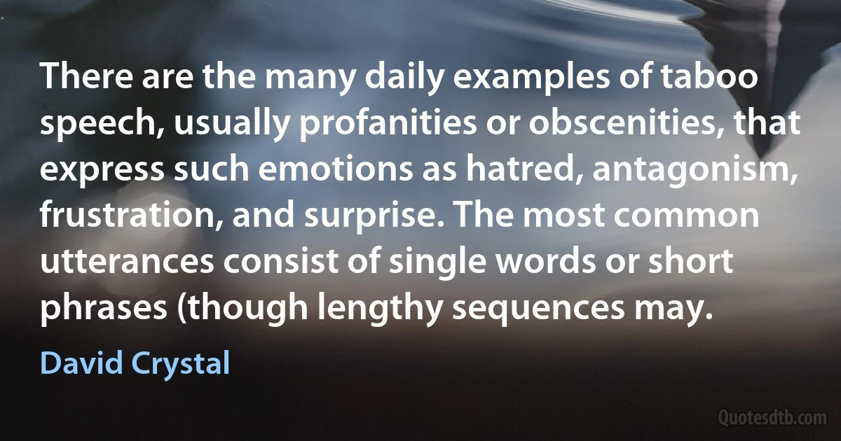 There are the many daily examples of taboo speech, usually profanities or obscenities, that express such emotions as hatred, antagonism, frustration, and surprise. The most common utterances consist of single words or short phrases (though lengthy sequences may. (David Crystal)