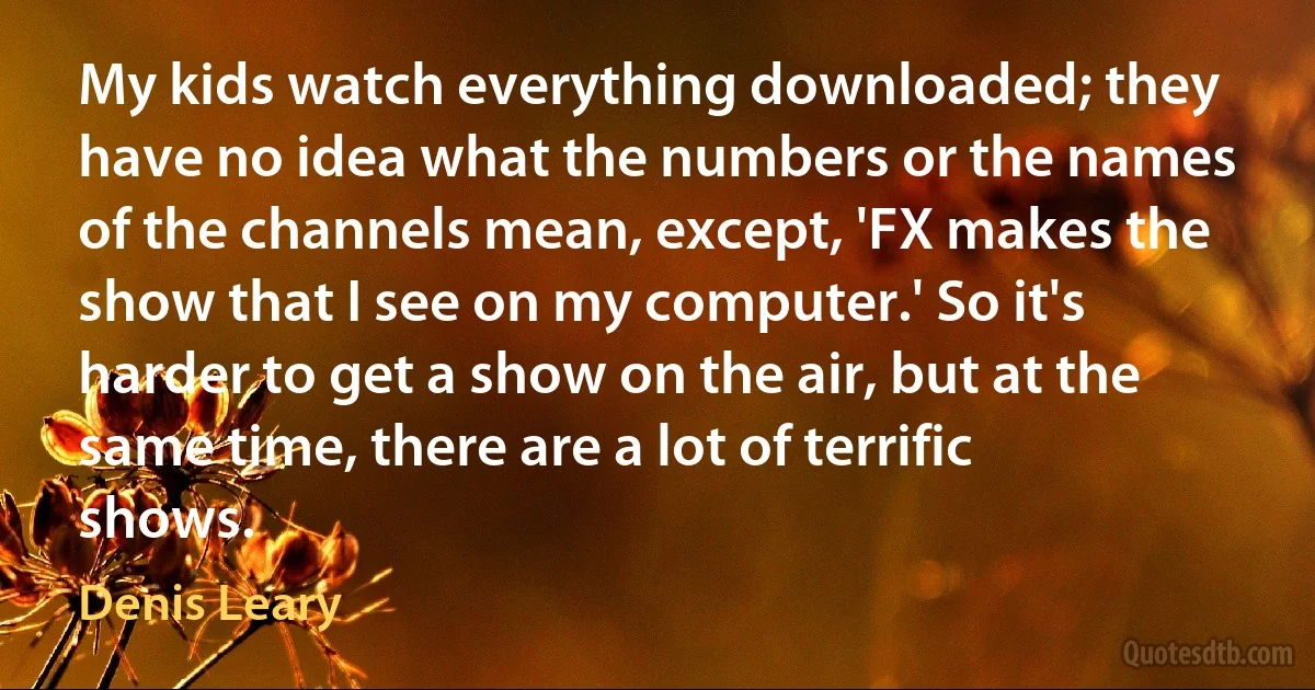 My kids watch everything downloaded; they have no idea what the numbers or the names of the channels mean, except, 'FX makes the show that I see on my computer.' So it's harder to get a show on the air, but at the same time, there are a lot of terrific shows. (Denis Leary)