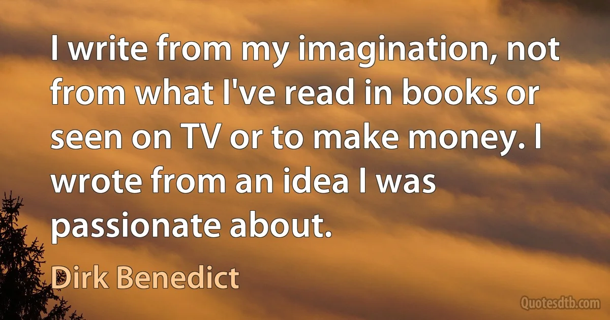 I write from my imagination, not from what I've read in books or seen on TV or to make money. I wrote from an idea I was passionate about. (Dirk Benedict)