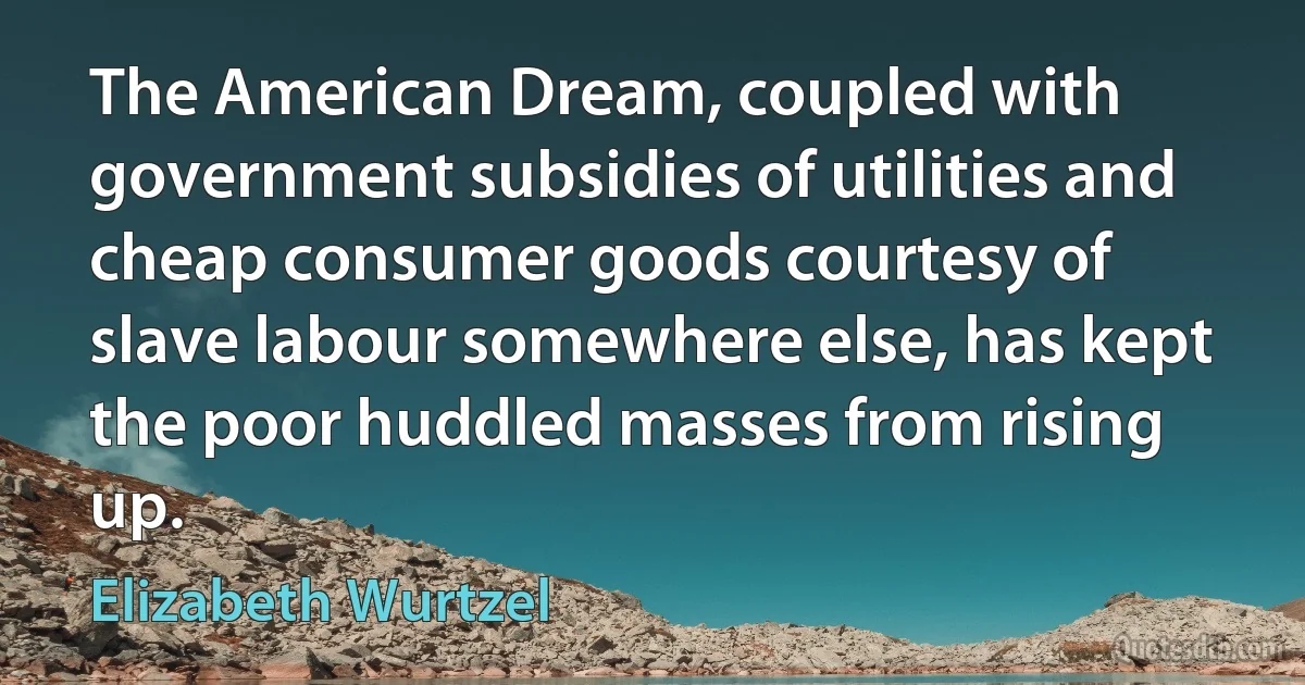 The American Dream, coupled with government subsidies of utilities and cheap consumer goods courtesy of slave labour somewhere else, has kept the poor huddled masses from rising up. (Elizabeth Wurtzel)