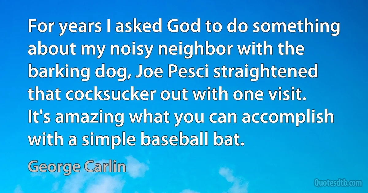 For years I asked God to do something about my noisy neighbor with the barking dog, Joe Pesci straightened that cocksucker out with one visit. It's amazing what you can accomplish with a simple baseball bat. (George Carlin)