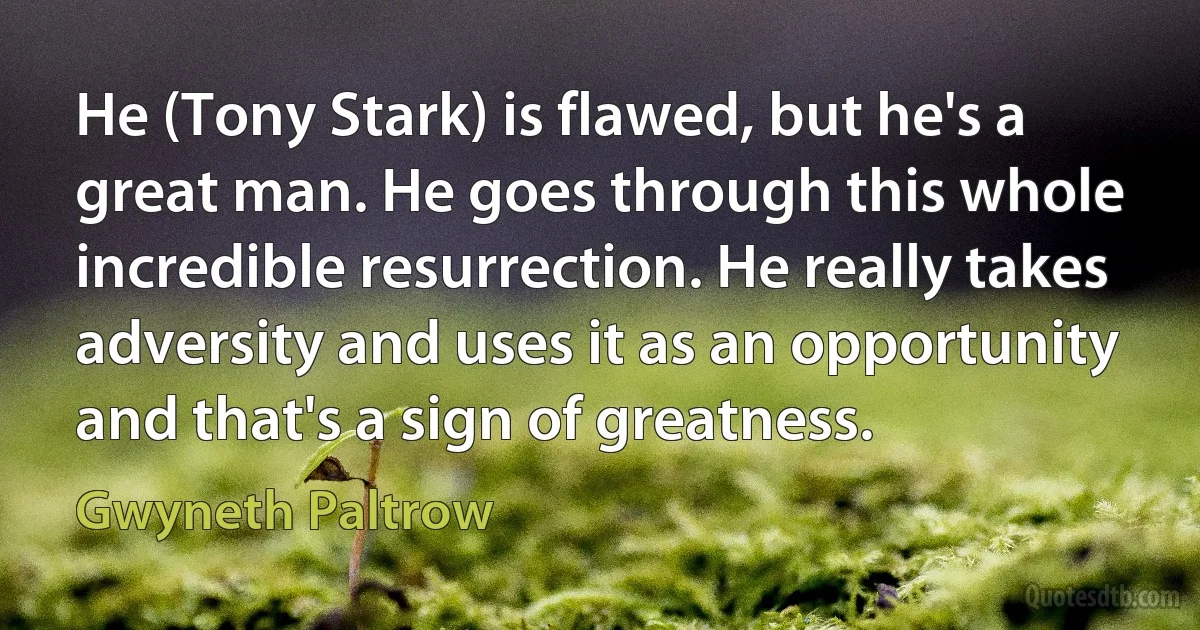 He (Tony Stark) is flawed, but he's a great man. He goes through this whole incredible resurrection. He really takes adversity and uses it as an opportunity and that's a sign of greatness. (Gwyneth Paltrow)