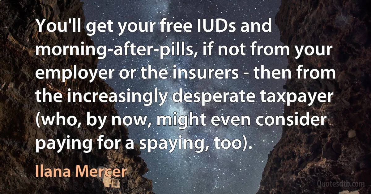 You'll get your free IUDs and morning-after-pills, if not from your employer or the insurers - then from the increasingly desperate taxpayer (who, by now, might even consider paying for a spaying, too). (Ilana Mercer)