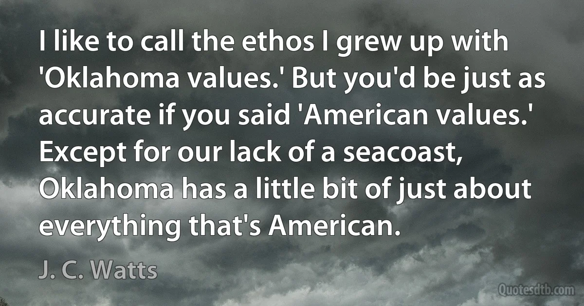 I like to call the ethos I grew up with 'Oklahoma values.' But you'd be just as accurate if you said 'American values.' Except for our lack of a seacoast, Oklahoma has a little bit of just about everything that's American. (J. C. Watts)