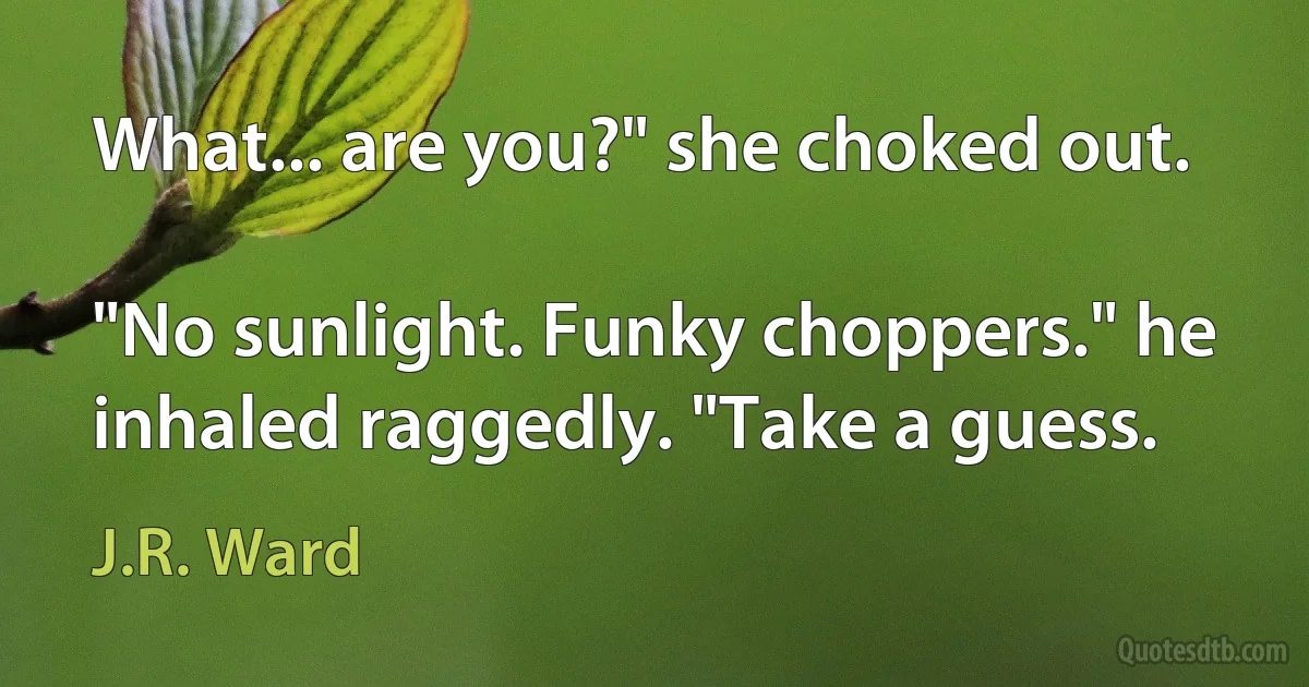 What... are you?" she choked out.

"No sunlight. Funky choppers." he inhaled raggedly. "Take a guess. (J.R. Ward)