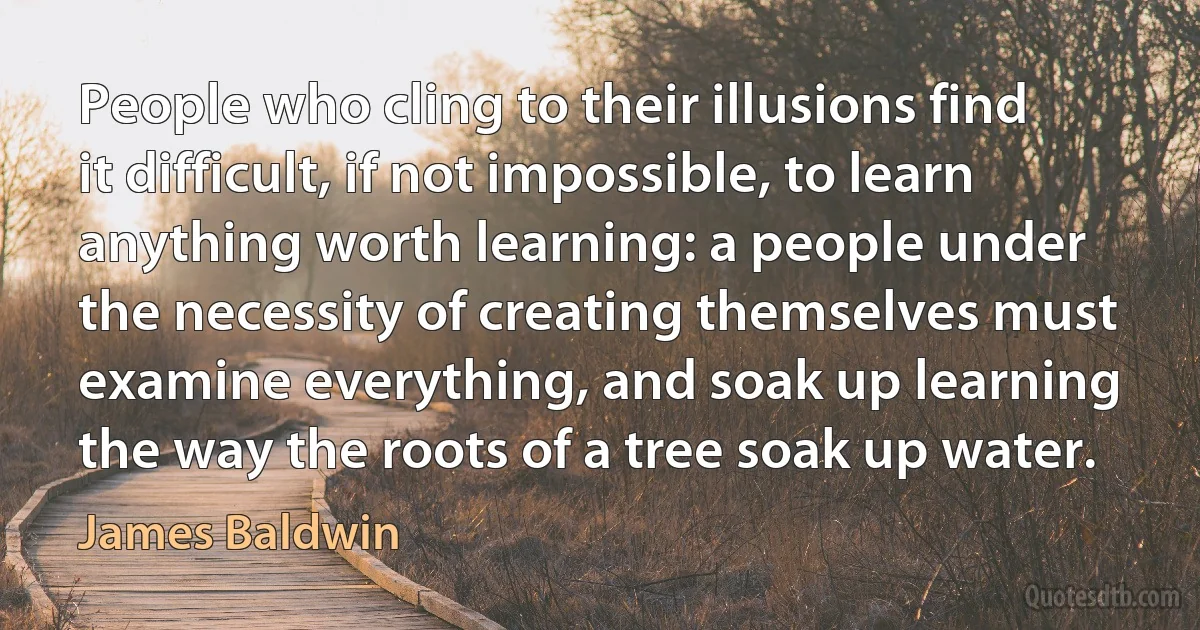 People who cling to their illusions find it difficult, if not impossible, to learn anything worth learning: a people under the necessity of creating themselves must examine everything, and soak up learning the way the roots of a tree soak up water. (James Baldwin)