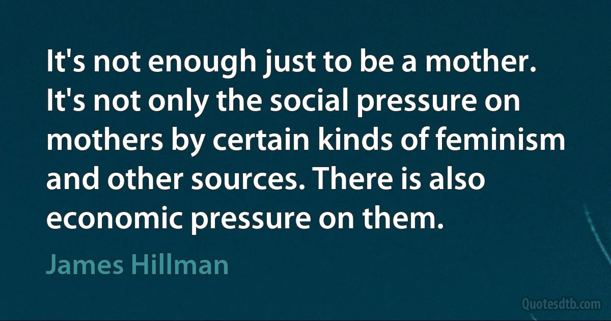 It's not enough just to be a mother. It's not only the social pressure on mothers by certain kinds of feminism and other sources. There is also economic pressure on them. (James Hillman)