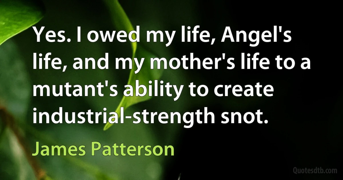 Yes. I owed my life, Angel's life, and my mother's life to a mutant's ability to create industrial-strength snot. (James Patterson)