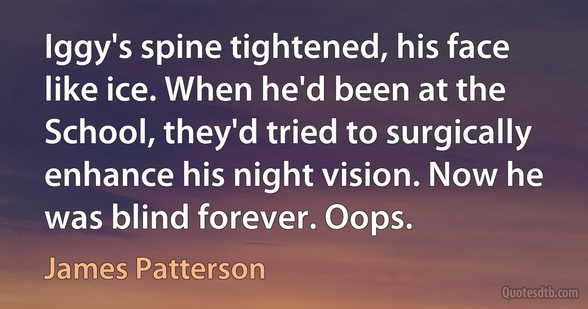 Iggy's spine tightened, his face like ice. When he'd been at the School, they'd tried to surgically enhance his night vision. Now he was blind forever. Oops. (James Patterson)