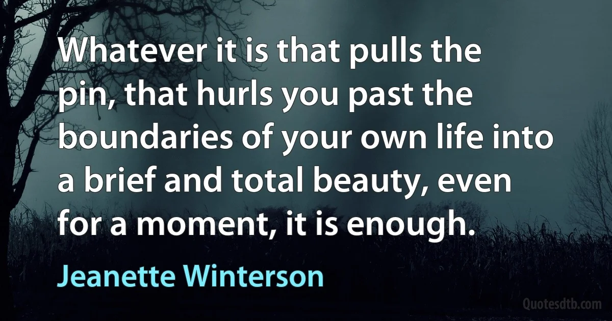 Whatever it is that pulls the pin, that hurls you past the boundaries of your own life into a brief and total beauty, even for a moment, it is enough. (Jeanette Winterson)