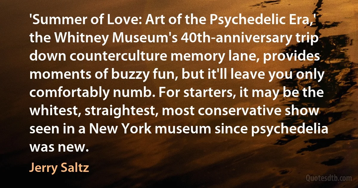 'Summer of Love: Art of the Psychedelic Era,' the Whitney Museum's 40th-anniversary trip down counterculture memory lane, provides moments of buzzy fun, but it'll leave you only comfortably numb. For starters, it may be the whitest, straightest, most conservative show seen in a New York museum since psychedelia was new. (Jerry Saltz)