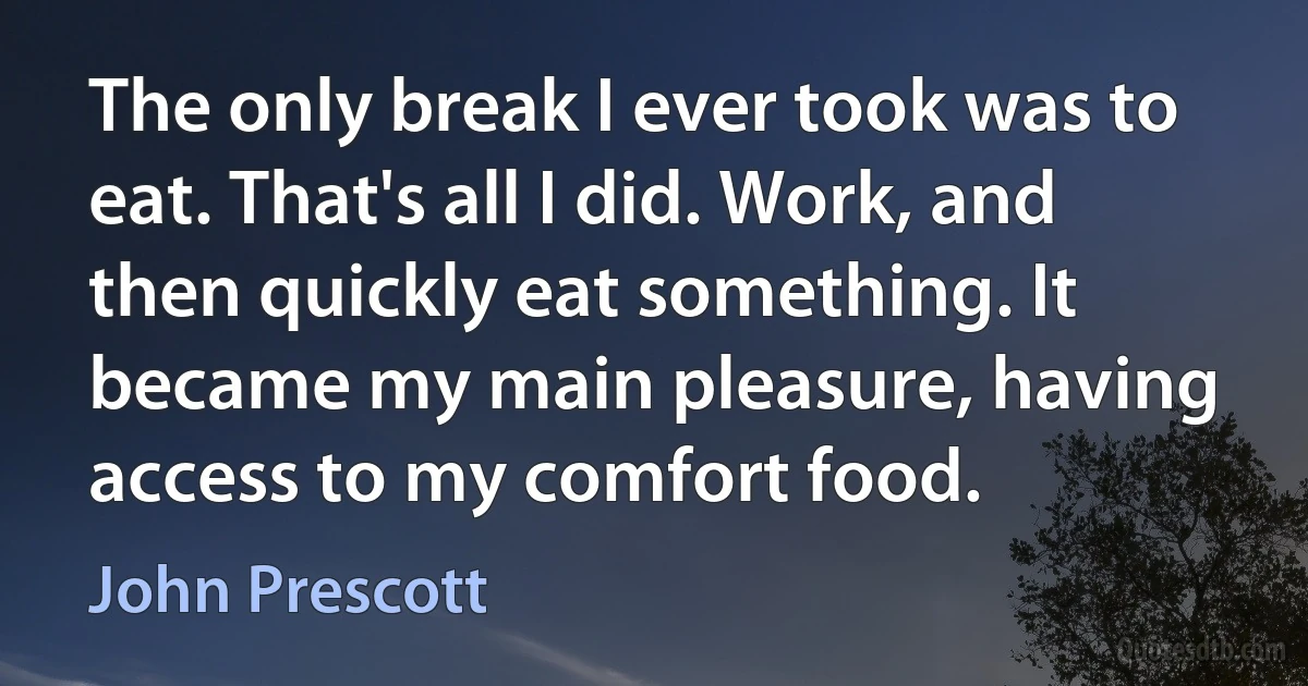 The only break I ever took was to eat. That's all I did. Work, and then quickly eat something. It became my main pleasure, having access to my comfort food. (John Prescott)