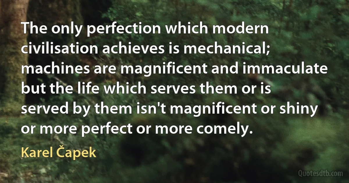 The only perfection which modern civilisation achieves is mechanical; machines are magnificent and immaculate but the life which serves them or is served by them isn't magnificent or shiny or more perfect or more comely. (Karel Čapek)