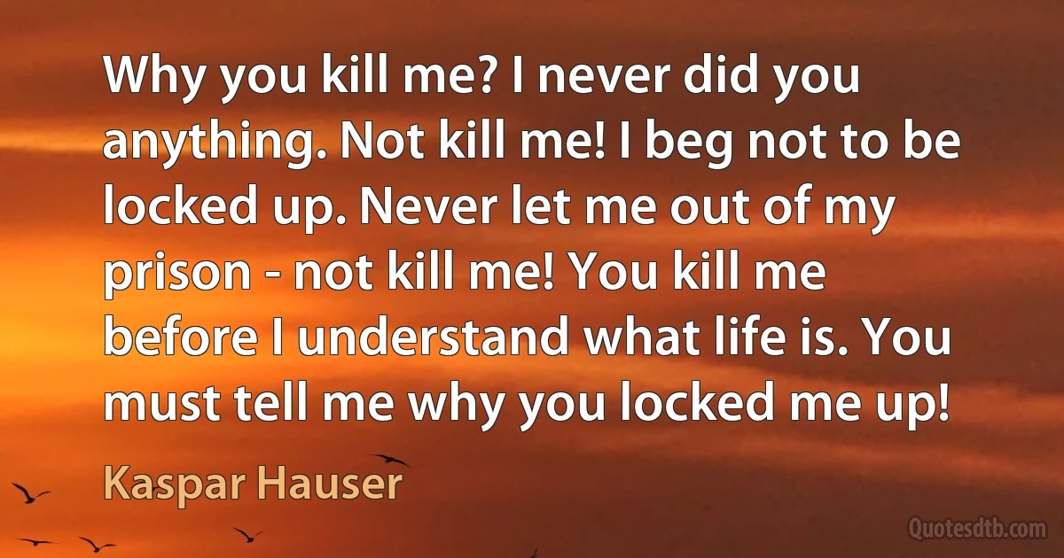 Why you kill me? I never did you anything. Not kill me! I beg not to be locked up. Never let me out of my prison - not kill me! You kill me before I understand what life is. You must tell me why you locked me up! (Kaspar Hauser)