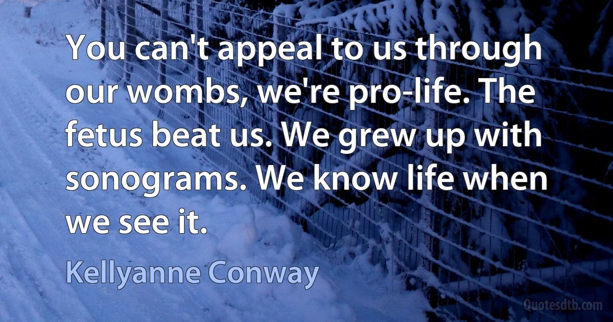 You can't appeal to us through our wombs, we're pro-life. The fetus beat us. We grew up with sonograms. We know life when we see it. (Kellyanne Conway)