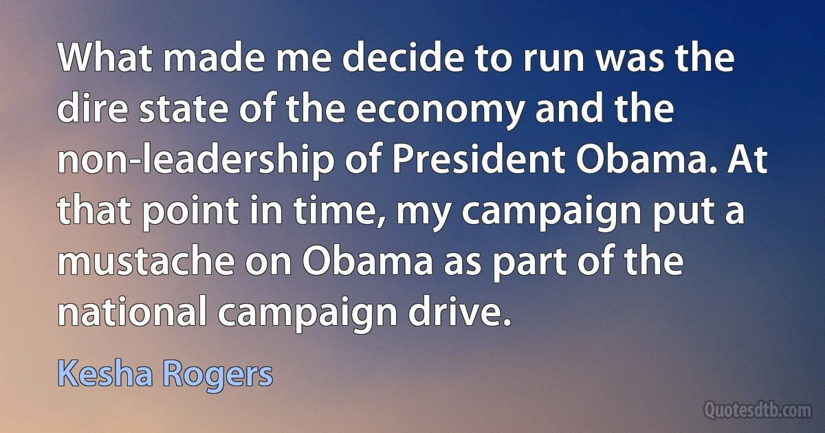 What made me decide to run was the dire state of the economy and the non-leadership of President Obama. At that point in time, my campaign put a mustache on Obama as part of the national campaign drive. (Kesha Rogers)