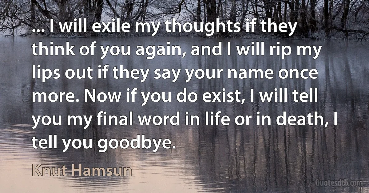 ... I will exile my thoughts if they think of you again, and I will rip my lips out if they say your name once more. Now if you do exist, I will tell you my final word in life or in death, I tell you goodbye. (Knut Hamsun)