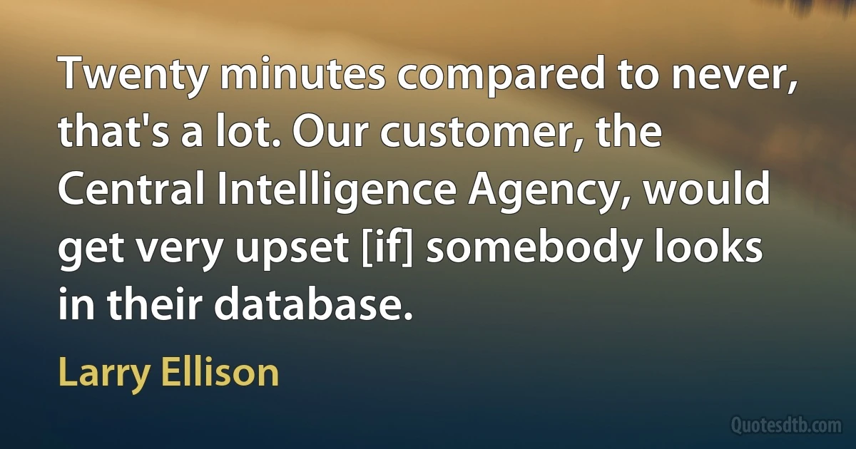 Twenty minutes compared to never, that's a lot. Our customer, the Central Intelligence Agency, would get very upset [if] somebody looks in their database. (Larry Ellison)