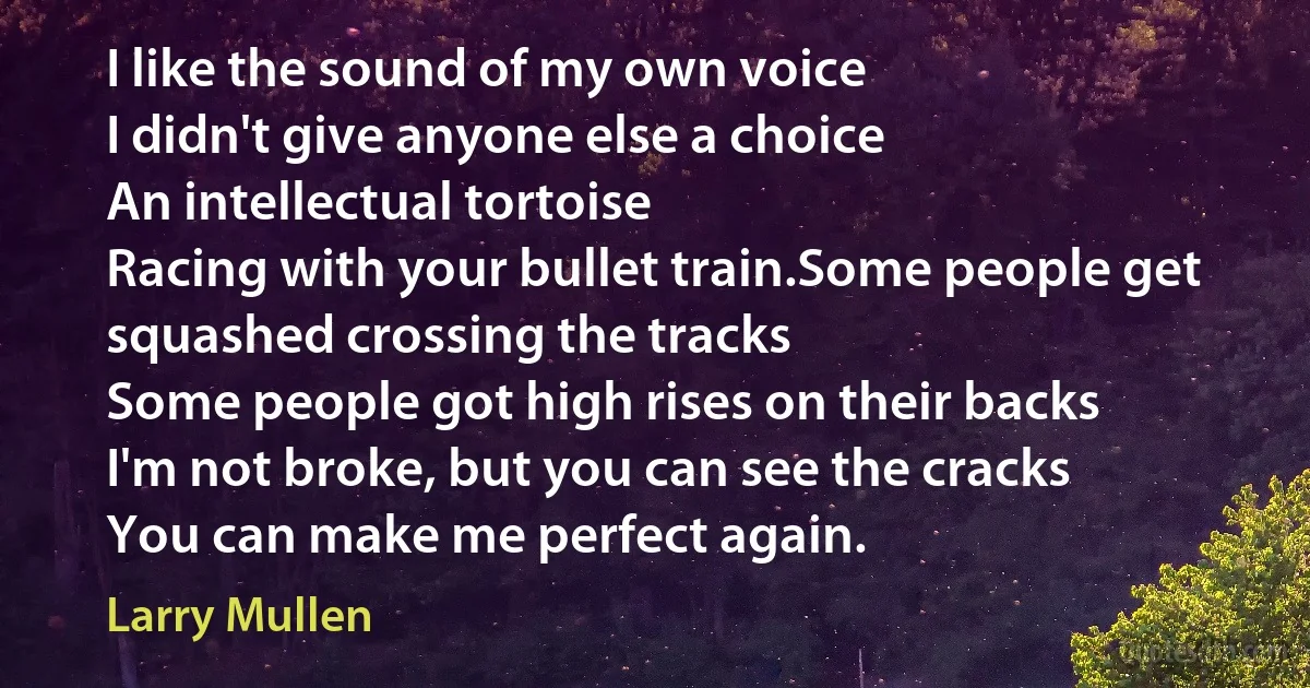 I like the sound of my own voice
I didn't give anyone else a choice
An intellectual tortoise
Racing with your bullet train.Some people get squashed crossing the tracks
Some people got high rises on their backs
I'm not broke, but you can see the cracks
You can make me perfect again. (Larry Mullen)