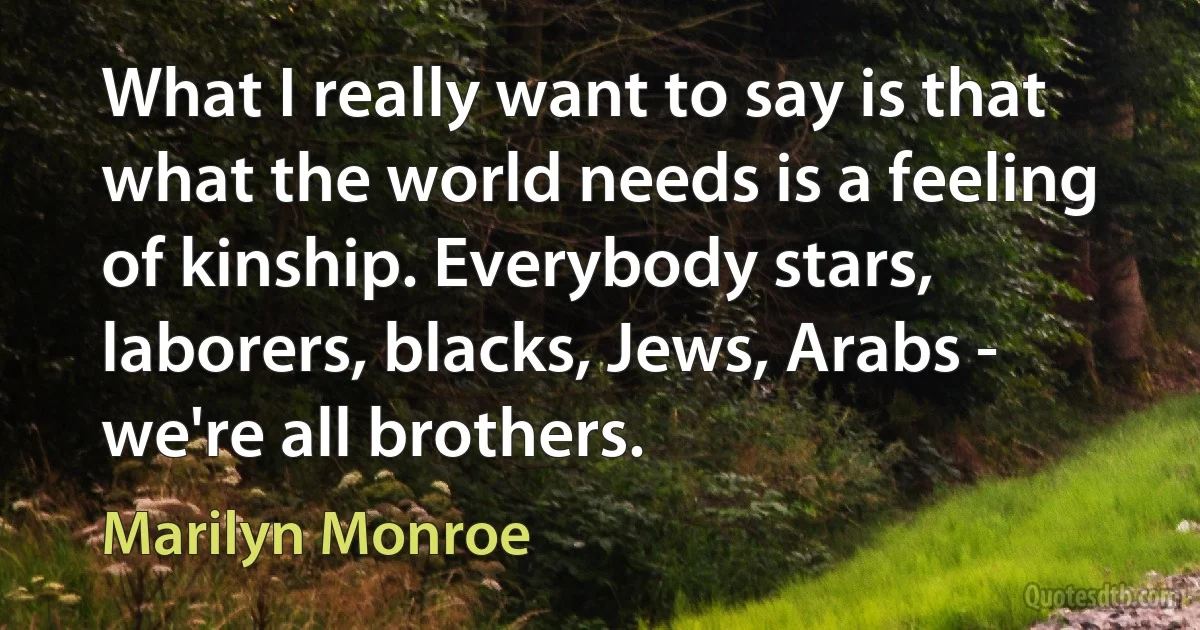 What I really want to say is that what the world needs is a feeling of kinship. Everybody stars, laborers, blacks, Jews, Arabs - we're all brothers. (Marilyn Monroe)