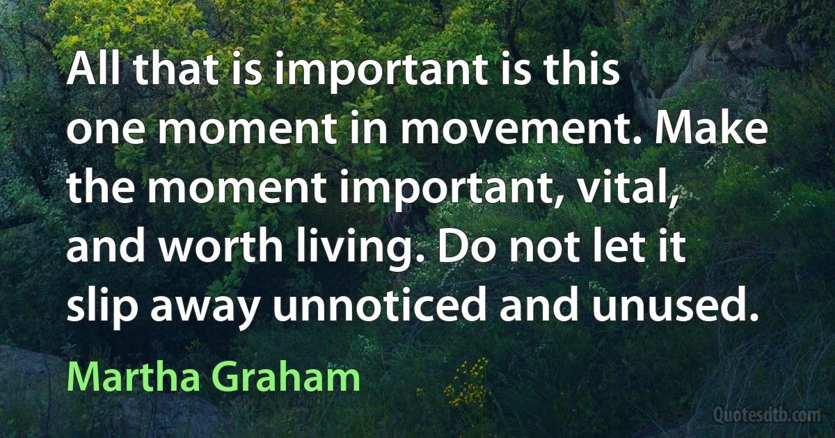 All that is important is this one moment in movement. Make the moment important, vital, and worth living. Do not let it slip away unnoticed and unused. (Martha Graham)