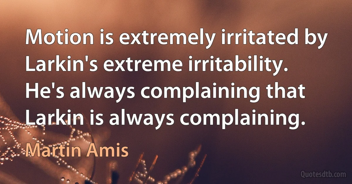 Motion is extremely irritated by Larkin's extreme irritability. He's always complaining that Larkin is always complaining. (Martin Amis)