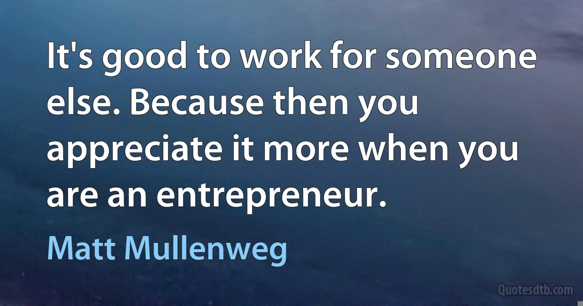 It's good to work for someone else. Because then you appreciate it more when you are an entrepreneur. (Matt Mullenweg)