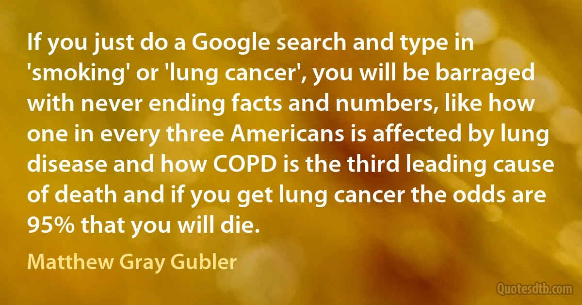 If you just do a Google search and type in 'smoking' or 'lung cancer', you will be barraged with never ending facts and numbers, like how one in every three Americans is affected by lung disease and how COPD is the third leading cause of death and if you get lung cancer the odds are 95% that you will die. (Matthew Gray Gubler)