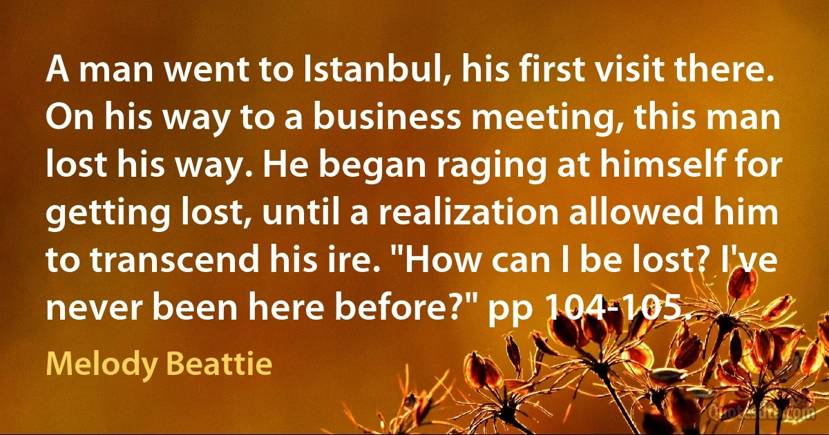 A man went to Istanbul, his first visit there. On his way to a business meeting, this man lost his way. He began raging at himself for getting lost, until a realization allowed him to transcend his ire. "How can I be lost? I've never been here before?" pp 104-105. (Melody Beattie)