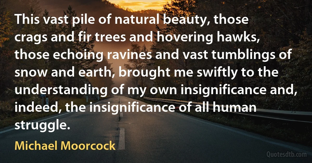 This vast pile of natural beauty, those crags and fir trees and hovering hawks, those echoing ravines and vast tumblings of snow and earth, brought me swiftly to the understanding of my own insignificance and, indeed, the insignificance of all human struggle. (Michael Moorcock)