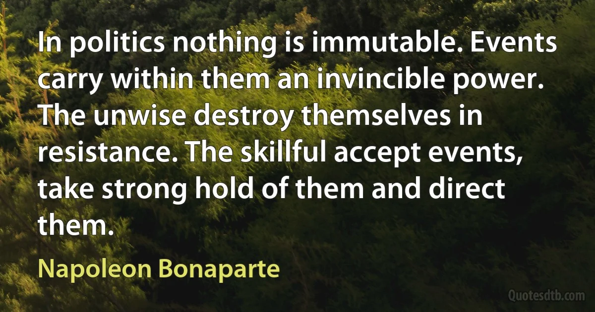 In politics nothing is immutable. Events carry within them an invincible power. The unwise destroy themselves in resistance. The skillful accept events, take strong hold of them and direct them. (Napoleon Bonaparte)