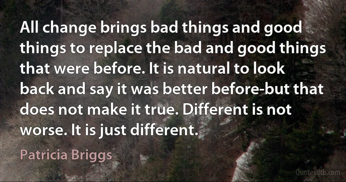 All change brings bad things and good things to replace the bad and good things that were before. It is natural to look back and say it was better before-but that does not make it true. Different is not worse. It is just different. (Patricia Briggs)