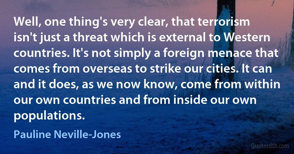 Well, one thing's very clear, that terrorism isn't just a threat which is external to Western countries. It's not simply a foreign menace that comes from overseas to strike our cities. It can and it does, as we now know, come from within our own countries and from inside our own populations. (Pauline Neville-Jones)