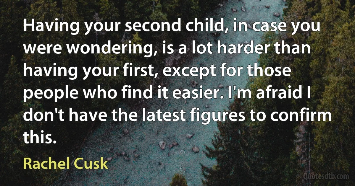 Having your second child, in case you were wondering, is a lot harder than having your first, except for those people who find it easier. I'm afraid I don't have the latest figures to confirm this. (Rachel Cusk)