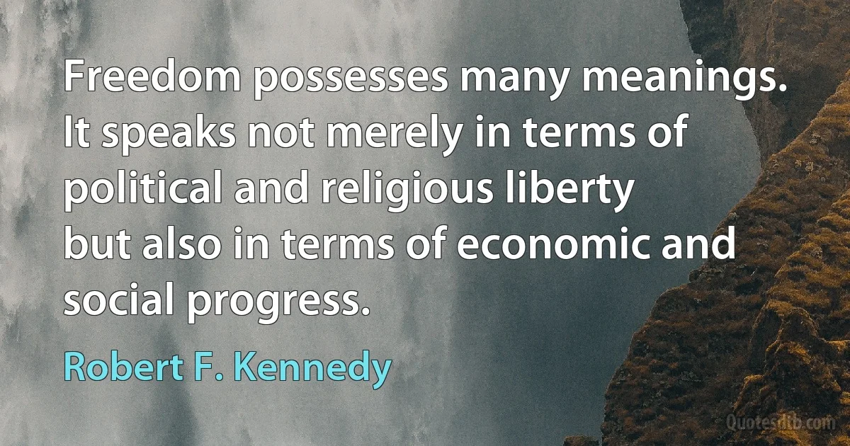 Freedom possesses many meanings. It speaks not merely in terms of political and religious liberty but also in terms of economic and social progress. (Robert F. Kennedy)