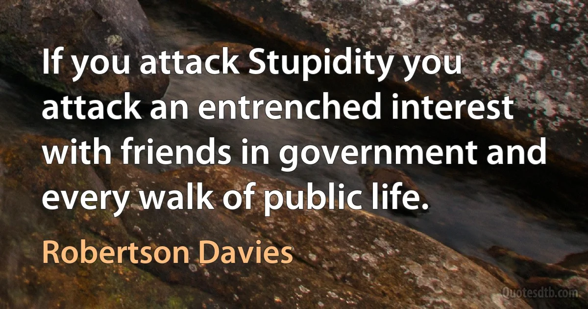 If you attack Stupidity you attack an entrenched interest with friends in government and every walk of public life. (Robertson Davies)